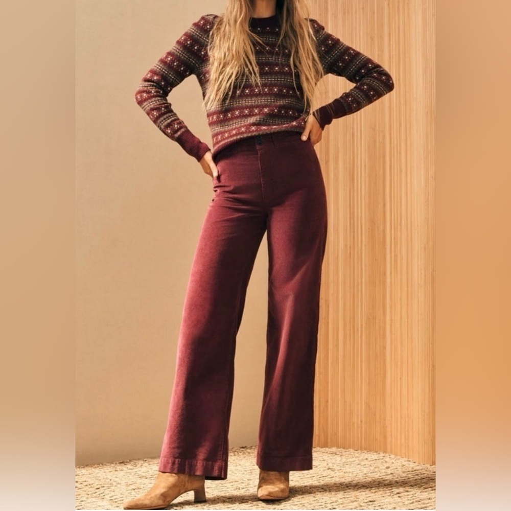 Faherty Stretch Cord Wide Leg Pant Maroon size 24 Boho